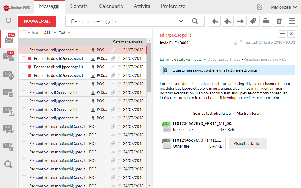 Pannello gestione PEC: visualizzazione e lettura delle fatture in formato .xml